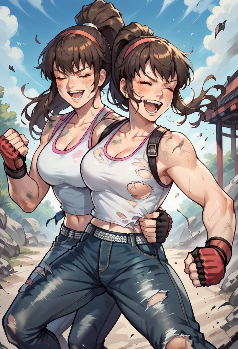 1 girl, HitomiDOA, long dark brown hair in a ponytail, white tanktop, pink hairband, navel, fingerless gloves, jeans, smile, outdoors, fighting stance, fists raised, cleavage showing,  eyes closed, mouth open, screaming, exhausted, tired, torn shirt, ripped jeans, ((torn clothes)), sweaty, dirty, 1 boy, athletic young man wearing black pants and not shirt,  his fist is touching the girl