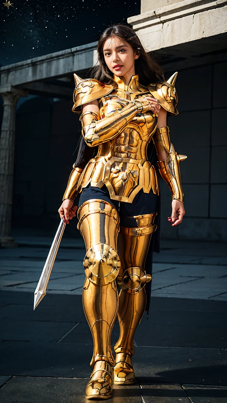 ((1 Female))) beautiful女性 , ultra-realistic photo shoot with cutting edge detail, Greek ruins in the background.  Shiny Shiny Golden Metal Armor, Saint Seiya Armor, (((Cancer Armor))), (Arms crossed pose), beautiful,  Sunburned Skin, Every detail, beautiful face with details, walking at the  ancient Greek ,  ancient Greek ,  super high resolution , 8k,  Milky Way, Night Sky,  Wearing a golden helmet, Sexy Armor ,  (Semi-long greige colored hair ),(Spike Shoulder Armor )