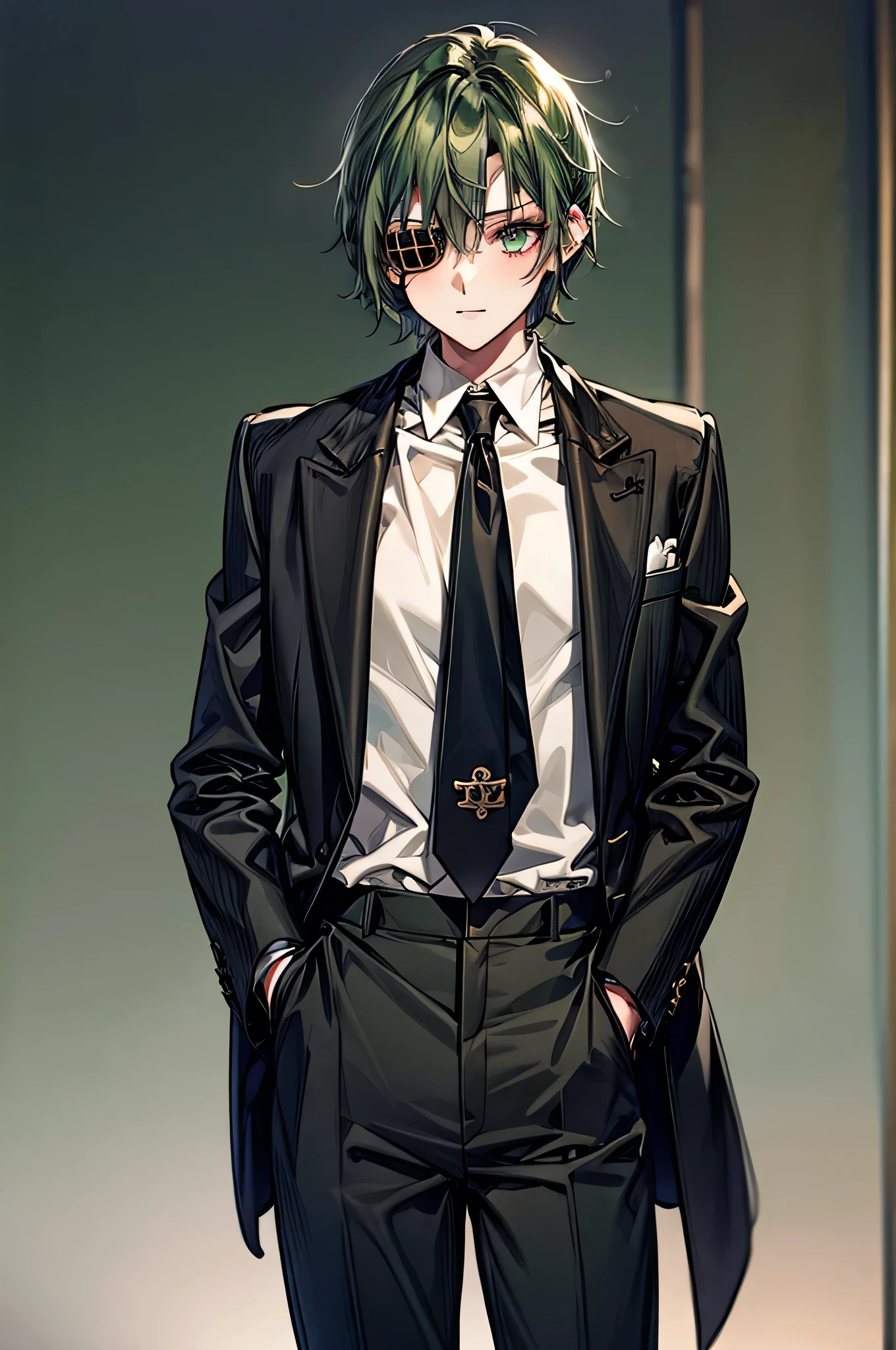  One Girl ，Dark green hair， short hair，Eye patch(right eye)， green eyes(left eye)， black suit， white shirt， black tie， black pants， Black Gloves ， is cool， handsome，Around town