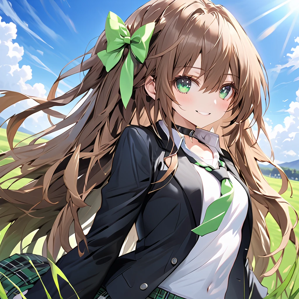 IF \(Neptunia )\,smile, brown hair, long hair, green eyes, green bow, ribbon, one side up,choker,(Black blazer:1.5)、(Regular necktie:1.5)、( black plaid mini skirt:1.5)、(Thighs),(bridal garter:1.５),grassland、blue sky、 cowboy shot leading to the climax、 ( perfect anatomy ),( best quality), ( ultra hi-res), ( high definition ), , ( Highly Detailed CG), (32K), (masterpiece)、eyesHD