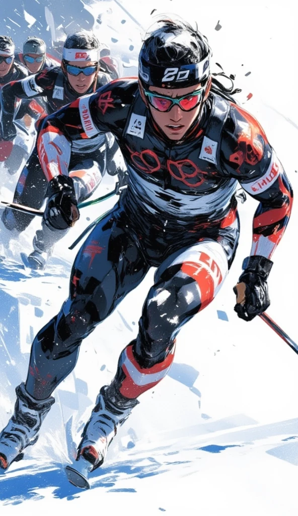 A skier sprints quickly in front of a pack. Behind the leading skier is a pack of other skiers trying to catch up. The leading skier is leaning forward, a posture that makes him sprints faster. He is very close to the viewer where his sweat can be seen. Motion blur and snow particles flying around to capture the intensity of the sprint's motion. The image should capture the speed and intensity of the ski sprint action.