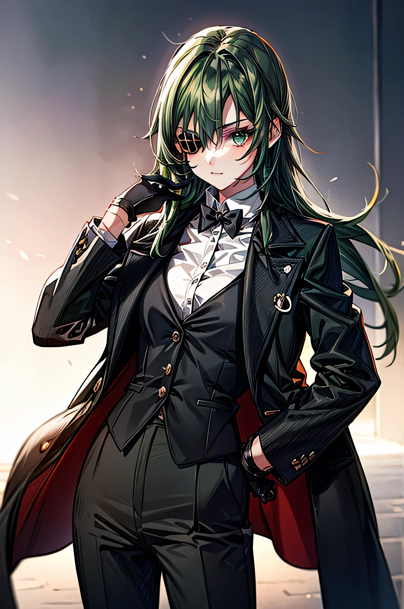  One Girl ，Dark green hair， long hair on background，Eye patch(right eye)， green eyes(left eye)， black suit， white shirt， black tie， black pants， Black Gloves ， is cool， handsome，Around town