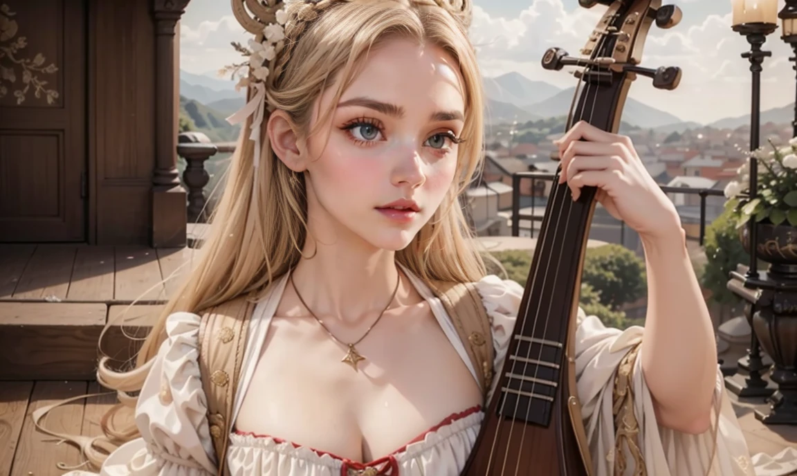 close up. classy stunning gorgeous blonde female high-class bard, blushing but happy, wearing expensive clothing, carrying a lyre, looking straight ahead at the camera.