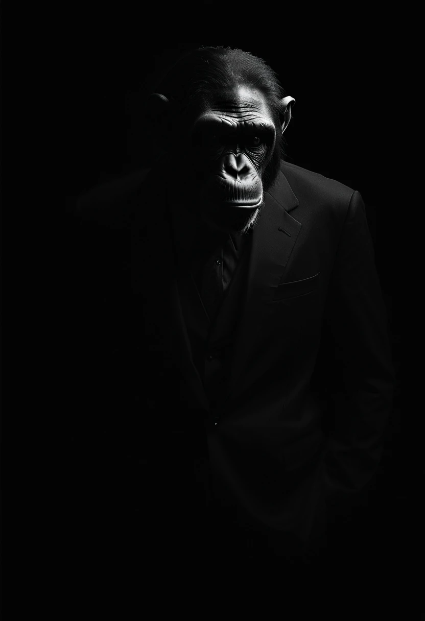 dark photo, extreme closeup portrait of a chimp wearing a black suit jacket with a black shirt with a black vest and a black necktie, black background, shallow depth of field, vignette, highly detailed, moody, film, atmospheric haze, dynamic lighting, film grain, monochrome,4 side views