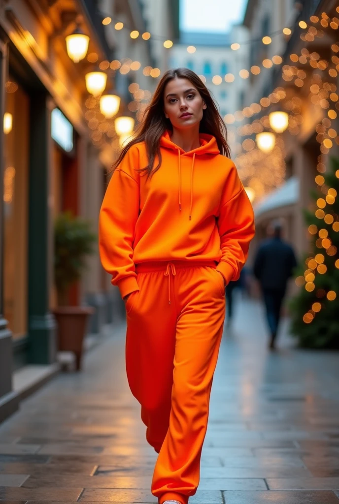 Foto hiperrealista en primer plano de Alicia Vikander, masterpiece, best quality, (photorealistic:1.4), full body,  (red hoodie dress:1.2) and (jeans pants:1.1), (boots:1.2),  street of New York, sunny day, cinematic light, beautiful woman, skinny, medium  breasts, tied high ponytail dark blond hair, detailed face, smile, facing the camera, photo taken from a distance, age of 20 years old,