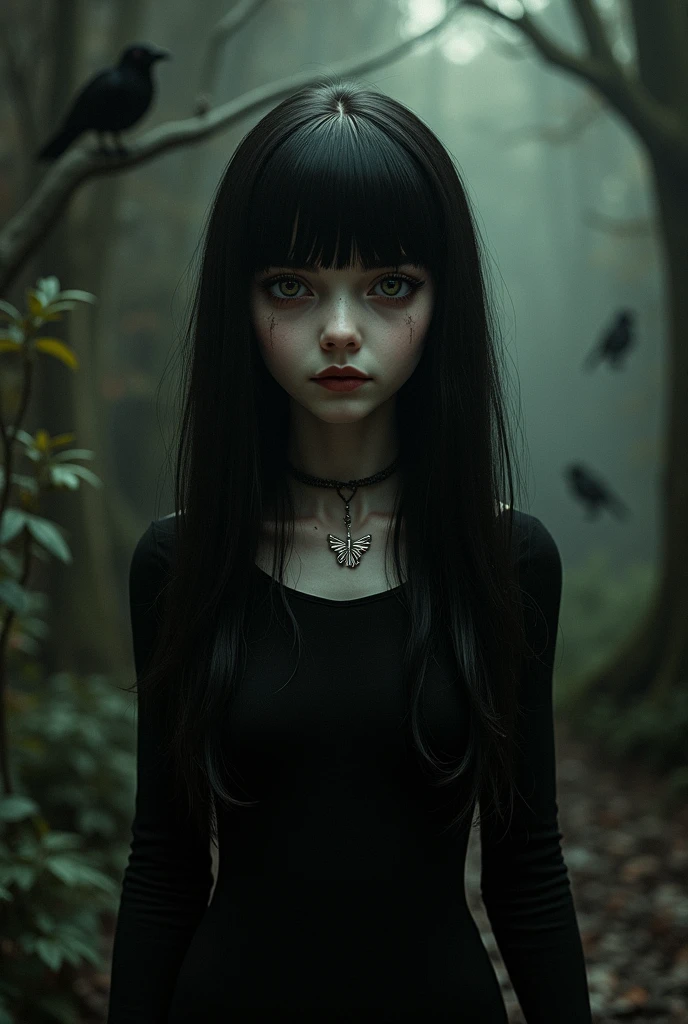 Vampire girl with chocolate brown eyes and long dark brown hair without bangs. Small eyes and small heart-shaped lips. The girl is covered in blood. She's goth and Tim Burton-esque, a bit quirky..