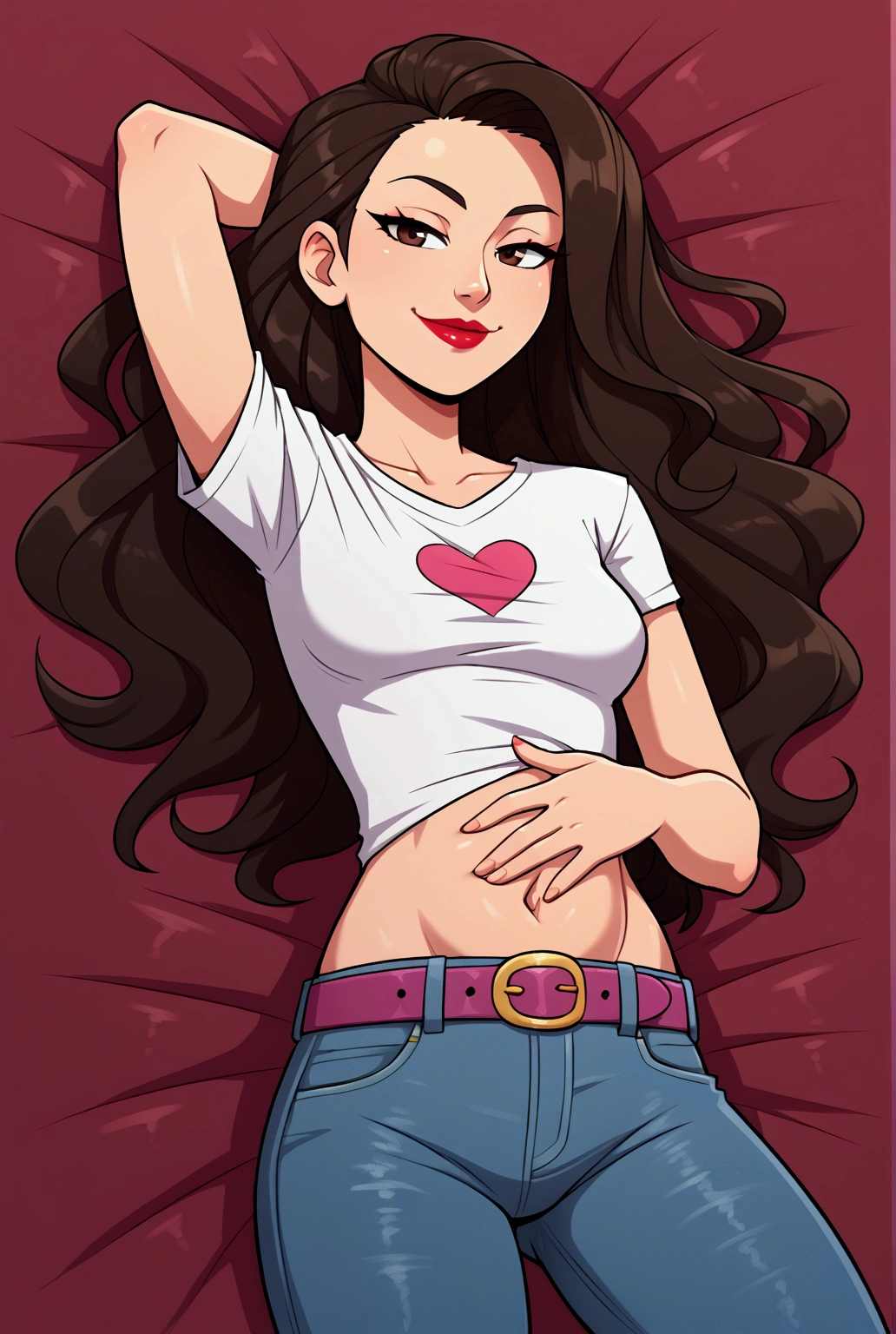 Asian woman, long hair, solo, wearing lipstick, small white t-shirt, crop top, jeans, belt, midriff, navel, smirk, laying, arm behind head, hand on own stomach, finger out