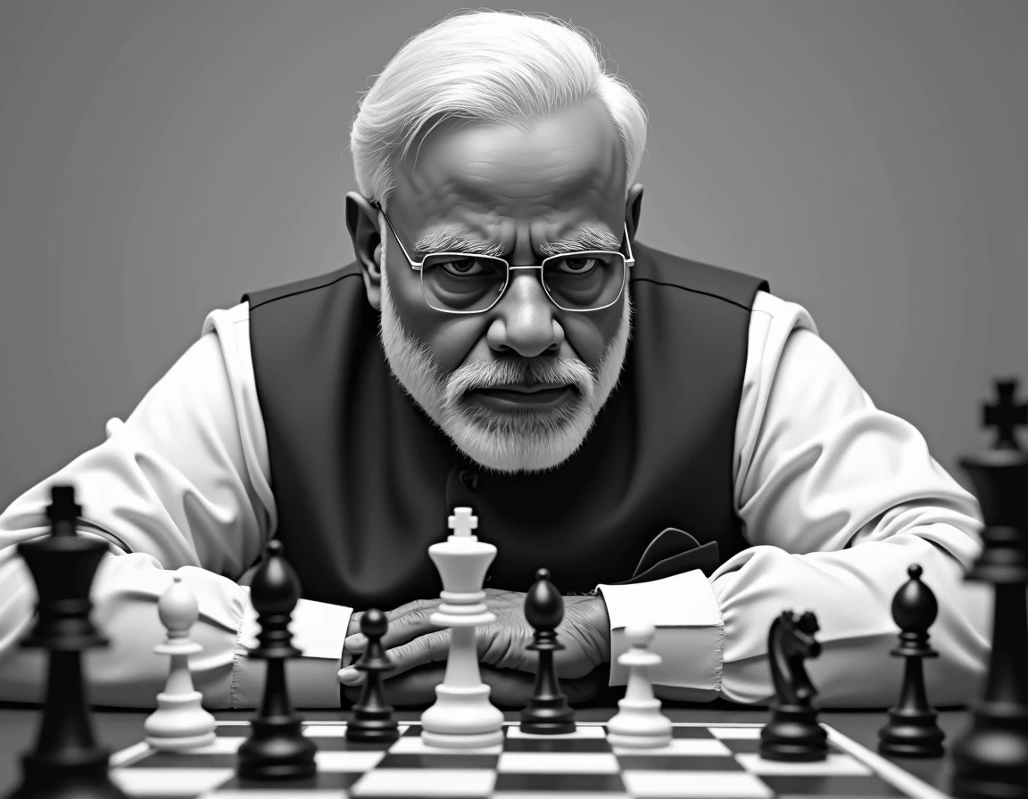 narendra modi, cinematic portrait photo of a very interesting narendra modi, man inside a house playing chess, highly detailed vfx portrait, taken with a full frame camera with a wild lens, in his hobbit home,