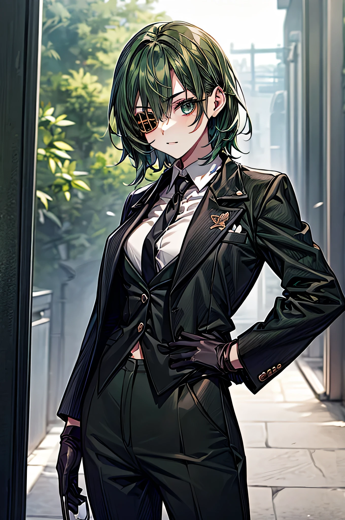  One Girl ，Dark green hair， short hair，Eye patch(right eye)， green eyes(left eye)， black suit， white shirt， black tie， black pants， Black Gloves ， is cool， handsome，Around town