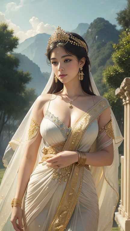 photorealistic mixed oil painting of charming goddess robe dressed in traditional Ancient Greek clothing in the ancient palace. The setting should be grand and richly decorated., medium body shot , cinematic light ,fantastic