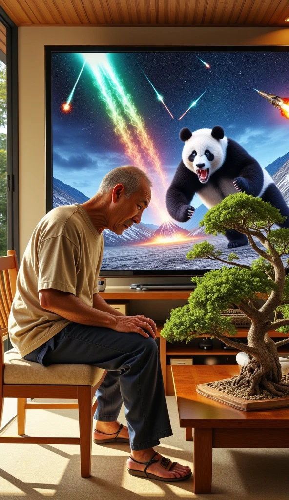 ultra-realistic, photorealistic, dramatic scene, shadow, global-illumination, solo, (An elderly Japanese man is taking care of bonsai trees in a Japanese stylish room), simple room wear, Japanese tatami floor, low table, Japanese furnishings, Christmas decoration, bonsai, the large old TV displays\(Muay Thai fighter vs. terrifying man-eating panda, there are the shouting Muay Thai fighter and terrifying panda with fang, volcano, thunder, giant meteorite, galaxy, blackhole, missile, explosion,  Muay Thai fighter shows extremely painful expressions\), bright ceiling lighting in the room, peaceful sunny day,