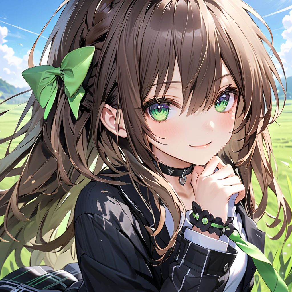 IF \(Neptunia )\,smile, brown hair, long hair, green eyes, green bow, ribbon, one side up,choker,(Black blazer:1.5)、(Regular necktie:1.5)、( black plaid mini skirt:1.5)、(Thighs:1.5),(bridal garter:1.５),grassland、blue sky、 cowboy shot leading to the climax:1.5、 ( perfect anatomy ),( best quality), ( ultra hi-res), ( high definition ), , ( Highly Detailed CG), (32K), (masterpiece)、eyesHD