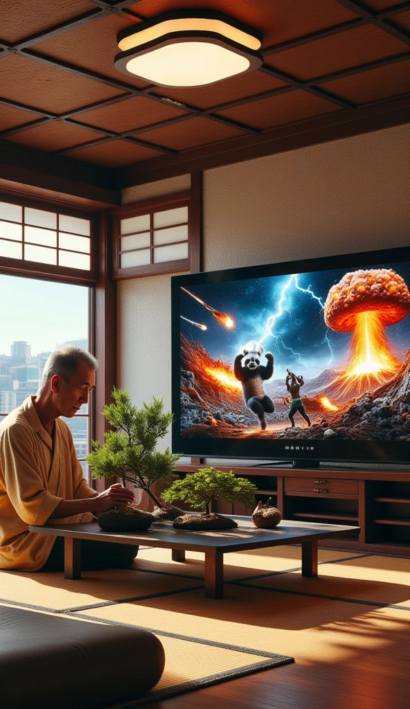 ultra-realistic, photorealistic, dramatic scene, shadow, global-illumination, solo, (An elderly Japanese man is taking care of bonsai trees in a Japanese stylish room), simple room wear, Japanese tatami floor, low table, Japanese furnishings, Christmas decoration, bonsai, the large old TV displays\(Muay Thai fighter vs. terrifying man-eating panda, there are the shouting Muay Thai fighter and terrifying panda with fang, volcano, thunder, giant meteorite, galaxy, blackhole, missile, explosion,  Muay Thai fighter shows extremely painful expressions\), bright ceiling lighting in the room, peaceful sunny day,