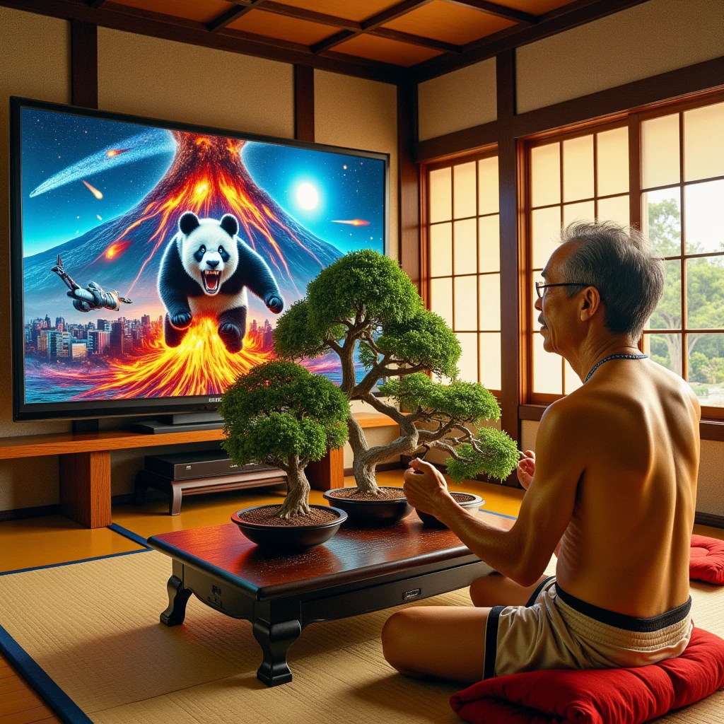 ultra-realistic, photorealistic, dramatic scene, shadow, global-illumination, solo, (An elderly Japanese man is taking care of bonsai trees in a Japanese stylish room), simple room wear, Japanese tatami floor, low table, Japanese furnishings, Christmas decoration, bonsai, the large old TV displays\(Muay Thai fighter vs. terrifying man-eating panda, there are the shouting Muay Thai fighter and terrifying panda with fang, volcano, thunder, giant meteorite, galaxy, blackhole, missile, explosion,  Muay Thai fighter shows extremely painful expressions\), bright ceiling lighting in the room, peaceful sunny day,