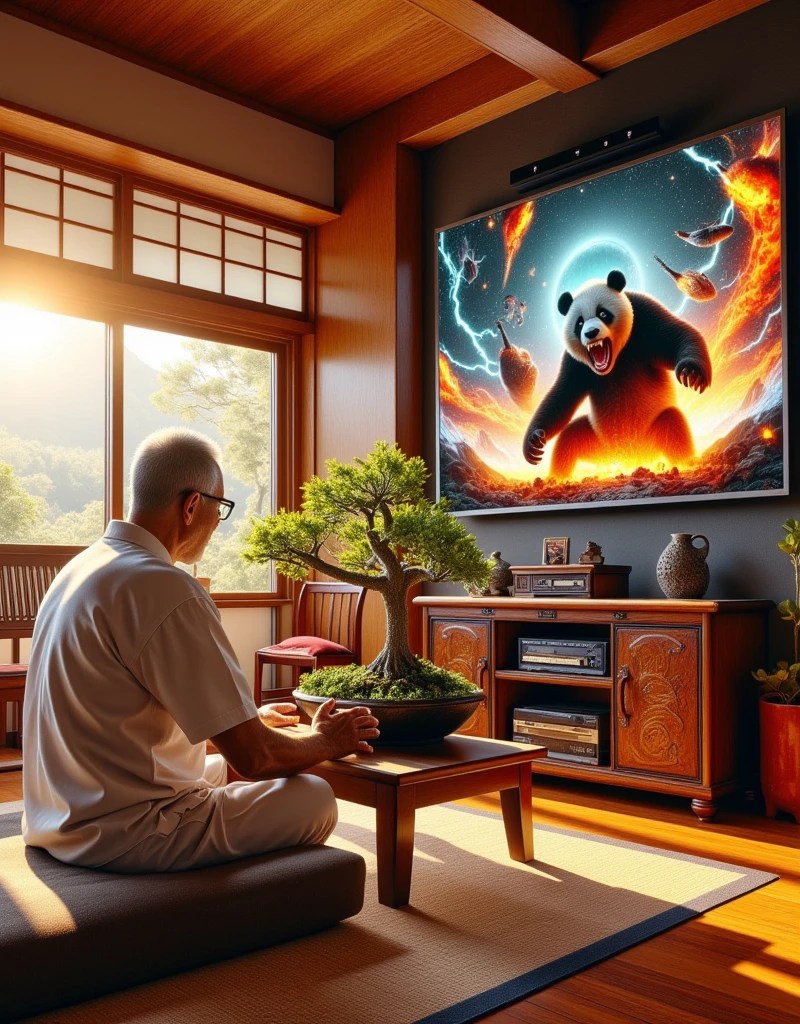 ultra-realistic, photorealistic, dramatic scene, shadow, global-illumination, solo, (An elderly Japanese man is taking care of bonsai trees in a Japanese stylish room), simple room wear, Japanese tatami floor, low table, Japanese furnishings, Christmas decoration, bonsai, the large old TV displays\(Muay Thai fighter vs. terrifying man-eating panda, there are the shouting Muay Thai fighter and terrifying panda with fang, volcano, thunder, giant meteorite, galaxy, blackhole, missile, explosion,  Muay Thai fighter shows extremely painful expressions\), bright ceiling lighting in the room, peaceful sunny day,