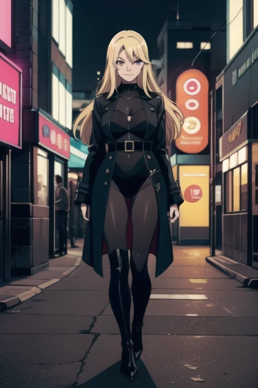 Selene, ftselenecas, long hair, blonde hair, pink eyes, mature female, large breasts, Anime female character,  (stylish attire:1.2),  dark blue leotard, black leather trench coat,  black high boots , holding a handgun,  serious expression,  standing in a bustling city street scene,  (detailed urban cityscape:1.5),  facing the viewer,  slightly angled right,  full body shot from a slightly low angle,  vibrant Japanese city style,  vivid color palette with blues, blacks, and grays,  photorealistic anime style,  (strong lighting contrast:1,1),  high-detail character features,  (sharp focus on the character's body:1.2),  8k resolution,  retro anime aesthetic,  (dynamic composition:1.1),  detailed signs and vibrant city lights,  digital art,  urban setting, smile