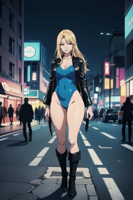 Selene, ftselenecas, long hair, blonde hair, pink eyes, mature female, large breasts, Anime female character,  (stylish attire:1.2),  dark blue leotard, black leather trench coat,  black high boots , holding a handgun,  serious expression,  standing in a bustling city street scene,  (detailed urban cityscape:1.5),  facing the viewer,  slightly angled right,  full body shot from a slightly low angle,  vibrant Japanese city style,  vivid color palette with blues, blacks, and grays,  photorealistic anime style,  (strong lighting contrast:1,1),  high-detail character features,  (sharp focus on the character's body:1.2),  8k resolution,  retro anime aesthetic,  (dynamic composition:1.1),  detailed signs and vibrant city lights,  digital art,  urban setting, smile