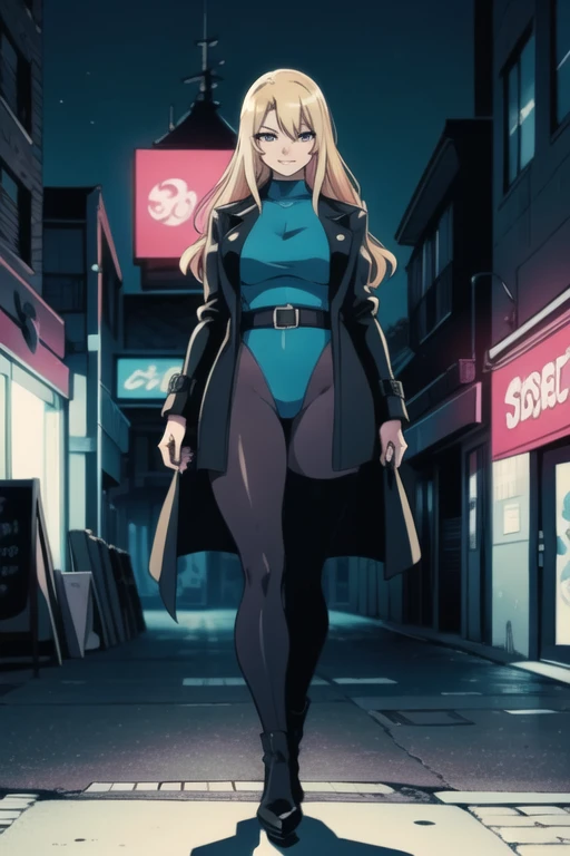 Selene, ftselenecas, long hair, blonde hair, pink eyes, mature female, large breasts, Anime female character,  (stylish attire:1.2),  dark blue leotard, black leather trench coat,  black high boots , holding a handgun,  serious expression,  standing in a bustling city street scene,  (detailed urban cityscape:1.5),  facing the viewer,  slightly angled right,  full body shot from a slightly low angle,  vibrant Japanese city style,  vivid color palette with blues, blacks, and grays,  photorealistic anime style,  (strong lighting contrast:1,1),  high-detail character features,  (sharp focus on the character's body:1.2),  8k resolution,  retro anime aesthetic,  (dynamic composition:1.1),  detailed signs and vibrant city lights,  digital art,  urban setting, smile