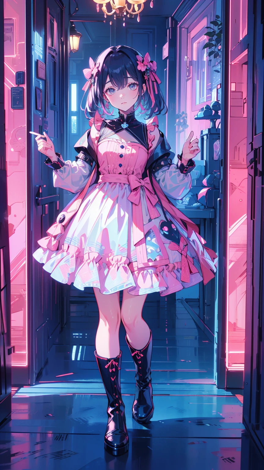 (    masterpiece    : 1.2), (   very detailed: 1.2), (   very detailed CG: 1.2), (   high image quality: 1.2), (最   high image quality), 8k,    animated illustration,   、   beautiful girl、とてもcute天使、   pink gothic dress standing in front of the front door 、cute、、smile、   Long Skirt、 Black long boots 、