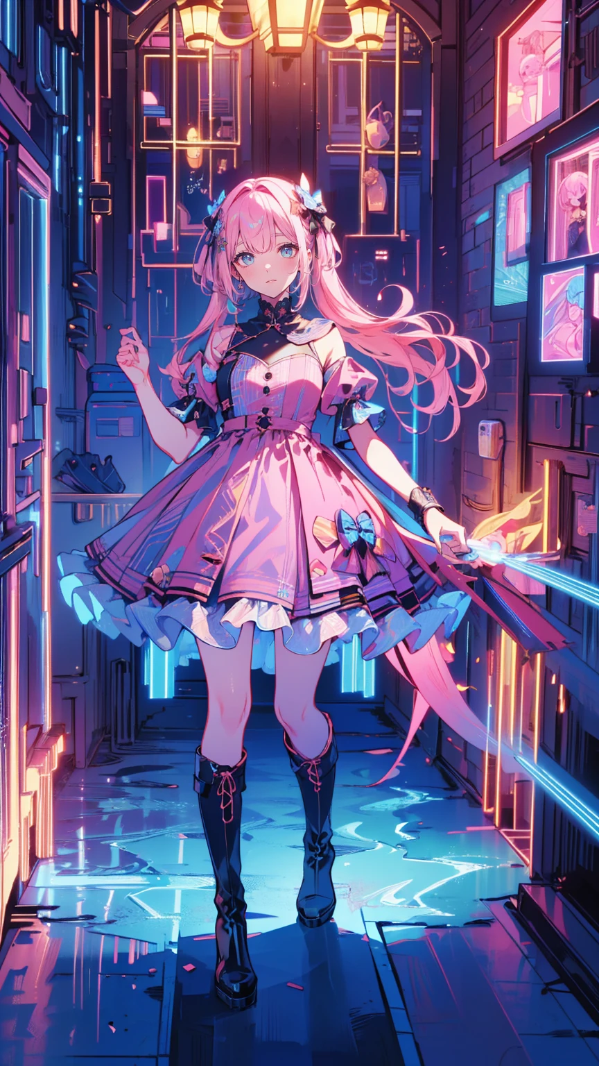 (    masterpiece    : 1.2), (   very detailed: 1.2), (   very detailed CG: 1.2), (   high image quality: 1.2), (最   high image quality), 8k,    animated illustration,   、   beautiful girl、とてもcute天使、   pink gothic dress standing in front of the front door 、cute、baby face、smile、   Long Skirt、 Black long boots 、