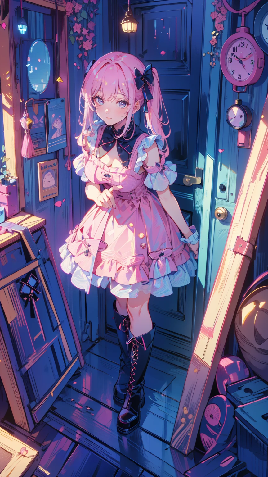 (    masterpiece    : 1.2), (   very detailed: 1.2), (   very detailed CG: 1.2), (   high image quality: 1.2), (最   high image quality), 8k,    animated illustration,   、   beautiful girl、とてもcute天使、   pink gothic dress standing in front of the front door 、cute、baby face、smile、   Long Skirt、 Black long boots 、