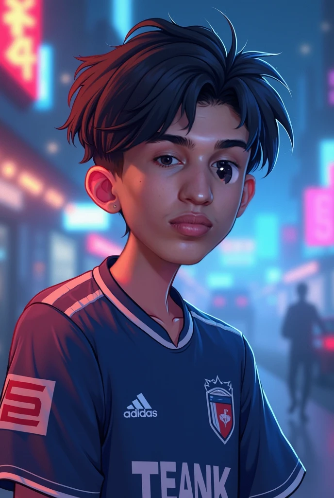 realistic face, boy 5 years old, focus play ball, looking to ball, no hair, night scene, background cyberpunk, --auto --s2
