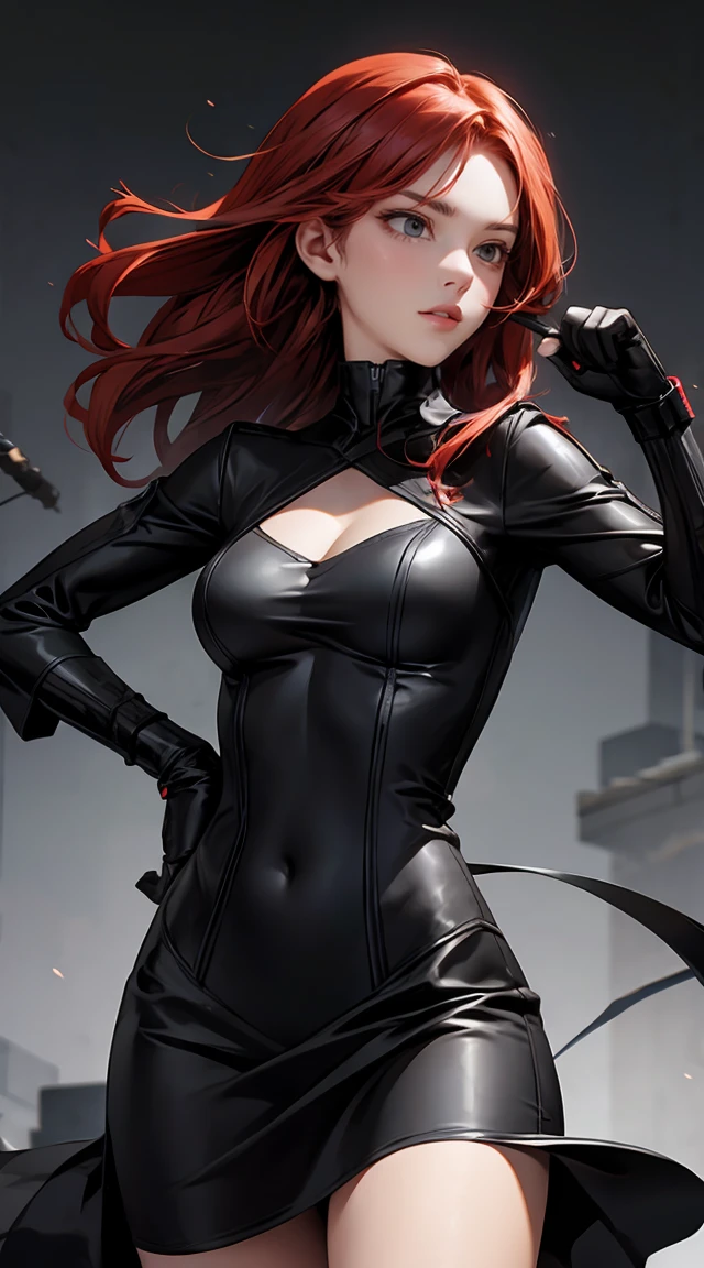 a woman with red lipstick has armor on and is holding a sword, kirijou mitsuru, 1girl, solo, hair over one eye, long hair, (((red hair))), (((red eyes))), weapon, rapier, sword, bodysuit, black bodysuit, grey bodysuit, hand on hip, (((large breasts))), simple background, white background, (purple theme:1.2)