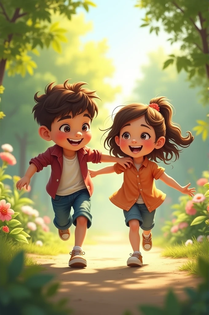 Capture a heartwarming moment of a brother and sister standing side by side, smiling and enjoying each other's company. The brother, slightly taller, has his arm around his sister's shoulder, while the sister playfully leans into him. They both have bright, joyful expressions, with a sunny park or cozy indoor setting in the background, emphasizing their close bond and sibling connection