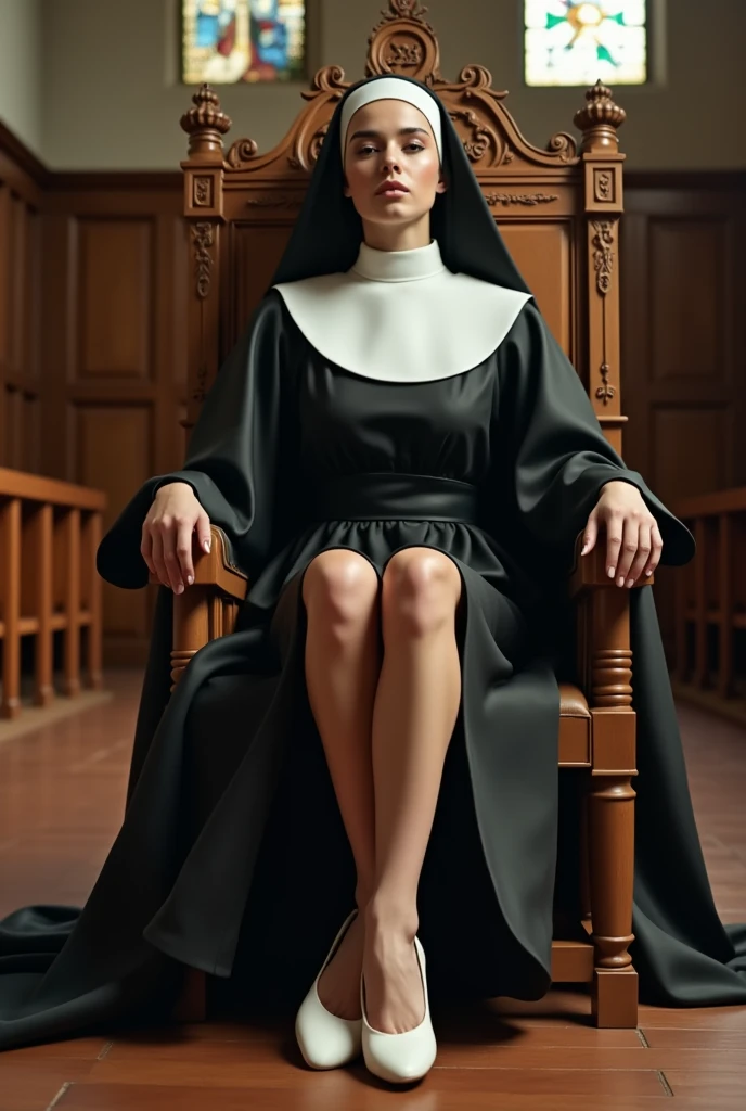 elderly 80 year old woman sitting on an old table in a library, dressed as a latex nun, black white red latex bikini, marble statue, dark octane rendering, candle lamp lighting, baroque, european, mandala, side view from below, anatomically correct, large full breasts, view on horny, wide apart legs, holding a large cross with Christ in front of her, muscular body, super detailed.