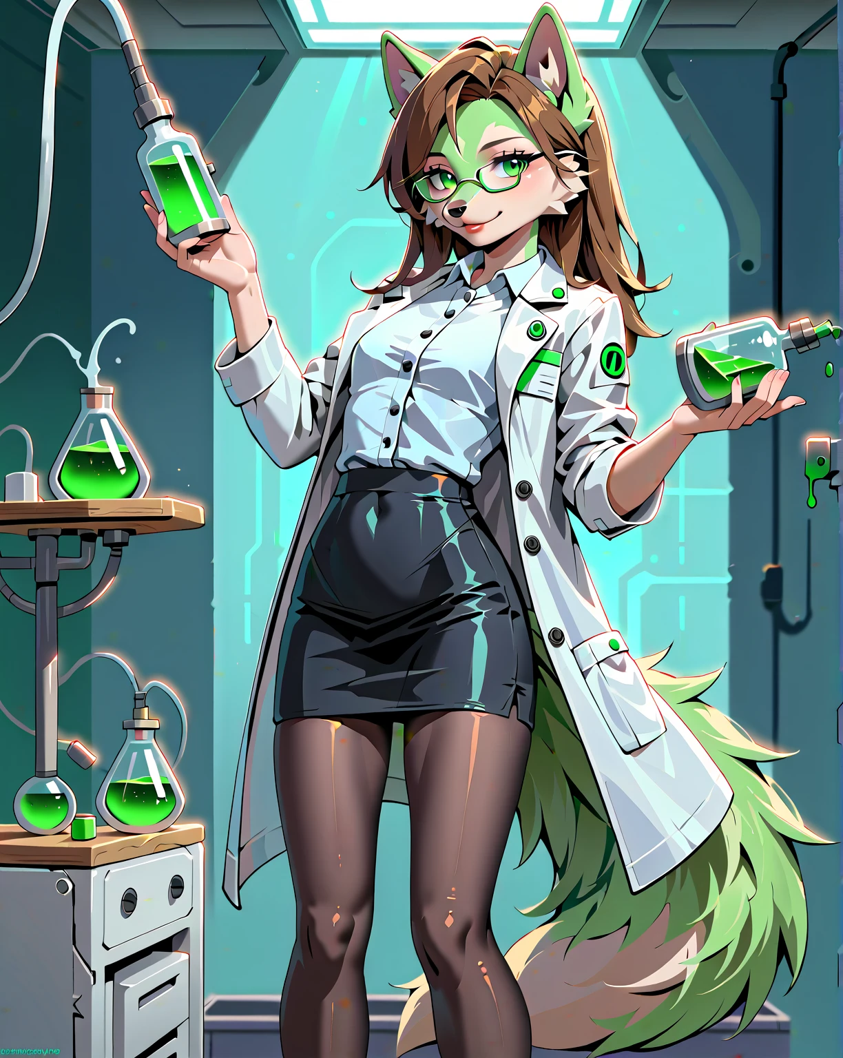  (solo, 1 female wolf anthro:1.5), (light green fur:1.5), (fluffy fur:1.35), (realistic:1.25), (beautiful, smart, intelligent:1.5), (tall), (deep green eyes, brown hair:1.25), (droopy eyes), (at scientific laboratory:1.25), (white shirt, white science coat, black tight skirt:1.75), square glasses, (flat chest), (slender), (raising flask filled with mysterious liquid, looking at flask, confident, delightful:1.25)