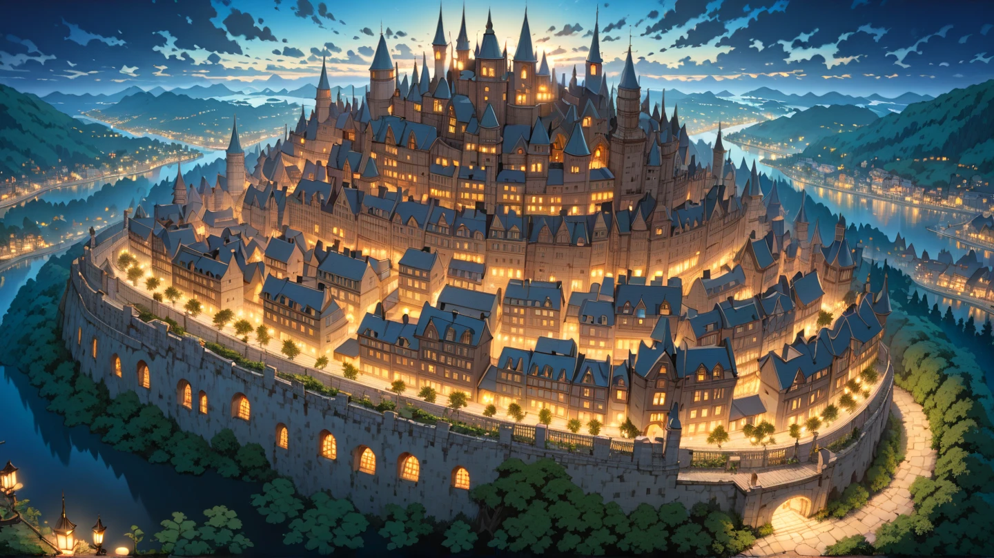 (masterpiece, ultra detailed, top quality), (Studio Ghibli, cel shading anime, PEAnimeBG), (huge peach moons:1.2), huge medieval European castle town, distant night view from above.