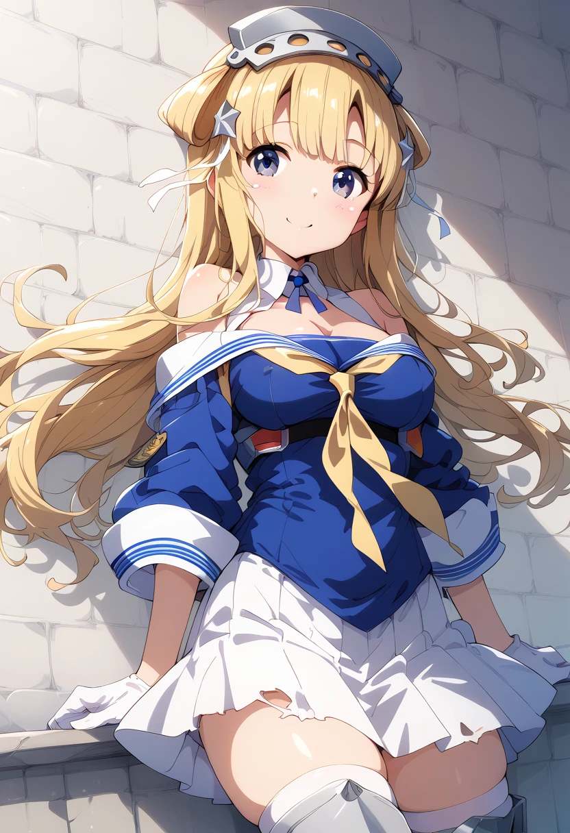  high definition ,  1 girl, blonde hair ,  long hair, blue eyes,Fletcher KC,  headband,star hair ornament,Sera Clothing, blue shirt, white sailor color, yellow neckerchief ,White Skirt,  white gloves,  thigh high socks ,  white legwear 、Big Breasts、 punch、Naughty、Nipples、 clothes are torn、 wears clothes 、 Pizuri