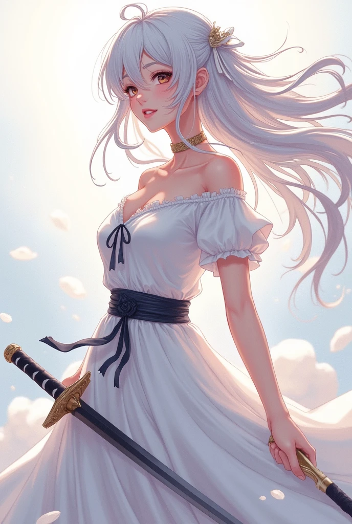 Let an anime woman with white hair with blonde eyes look like onepiece female characters, let her chest be thin, have a katana on her big waist, let her wear a samurai outfit on top, and let her drawings look like onepiece, let her hair be cut in layers and grass or whatever, let her face look like boahancook