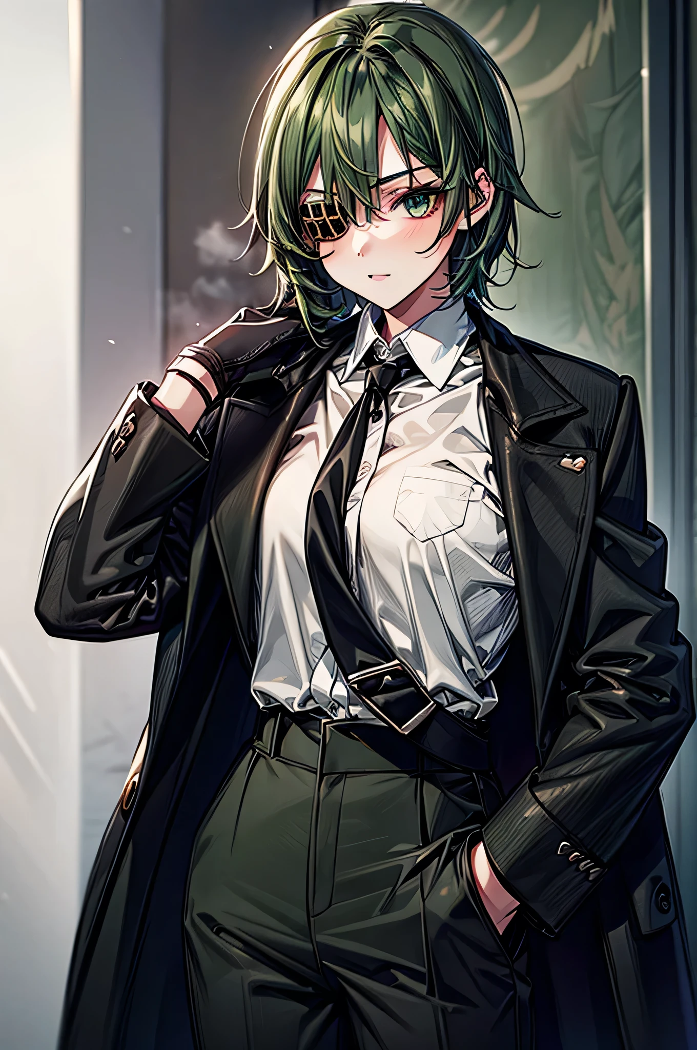  One Girl ，Dark green hair， short hair，Eye patch(right eye)， green eyes(left eye)， black suit， white shirt， black tie， black pants， Black Gloves ， is cool， handsome，Around town