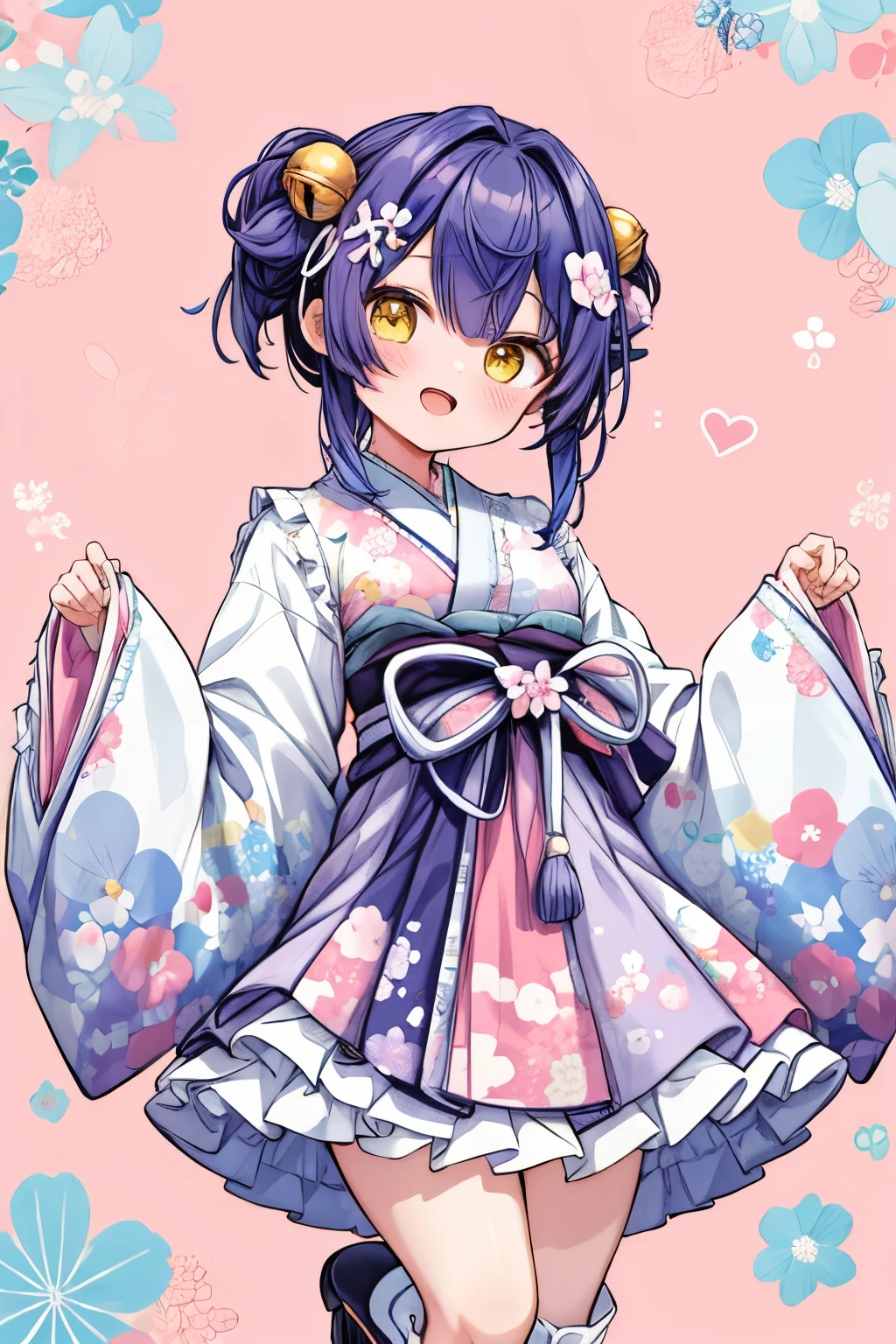 whole body,  Masterpiece ,  top quality,  high definition , bbmya,  short hair,  purple hair,  Double Bang ,  hair ribbon,  hair bow,  hair flower, hair bell ,  x hair ornament from below,  floral print , japanese clothes, Frilled kimono ,  wide sleeve over mouth,  sleeve below wrist , band, heart,  from below,  open mouth, (smile:0.77), (Patterned Background:1.2),  pink and black armored boots ,