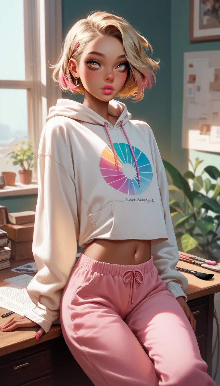 hyperrealistic, detailed face, toned blonde femboy, blond eyes, slim, male, feminine touch, blond open short hair, tanned, lipgloss, concentrated, sitting at a desk, brush painting tabletop miniatures, loose pants and a hoodie, 