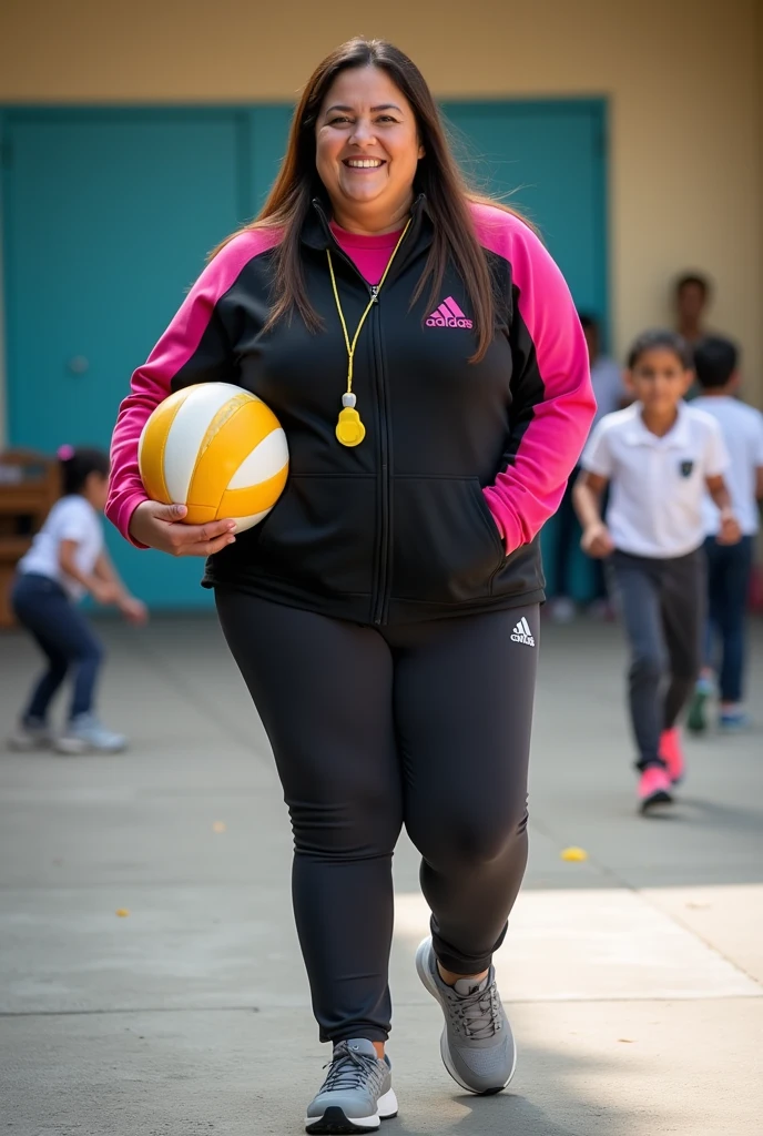A young chubby Indian girl wearing a extremely oversized shirt with short hair and fair complexion and wearing sneakers with a basketball in her hand