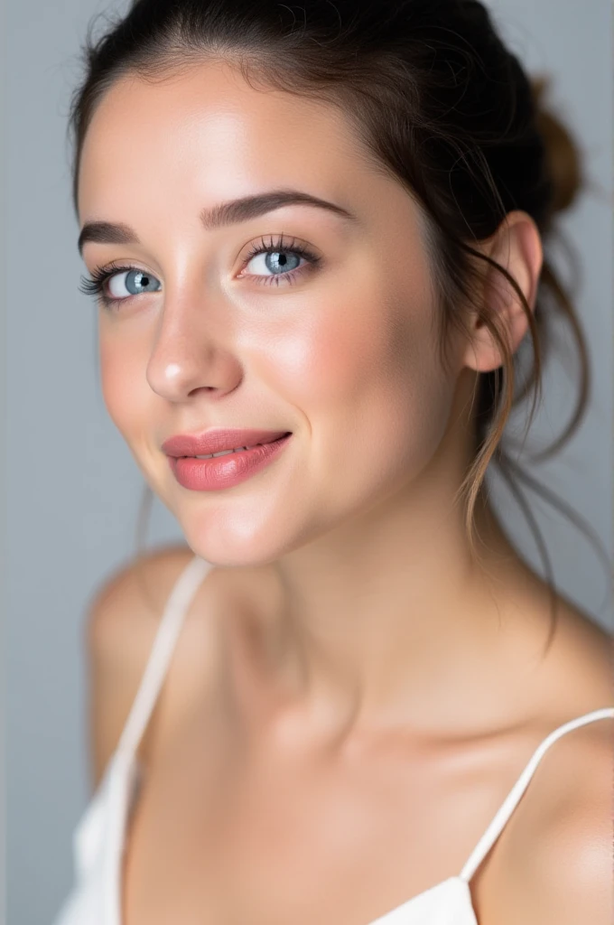 High quality realistic beauty shot of haniaaflx. A close-up shot of a woman. sky blue eyes. She is wearing a camisole blouse. Her lips are a light pink color. Her hair is pulled back. The backdrop is a light gray. She is giving a beautiful smile.