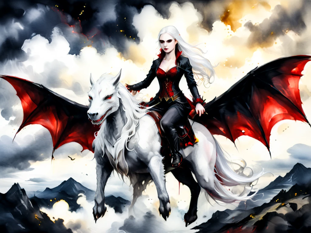 Ink and watercolour portrait on parchment. Flying through a stormy sky there is a (mysterious (female (vampire))) (with long white hair) riding on a huge white dragon. lacy gothic aesthetic. very warlike. black and gold and red. 


