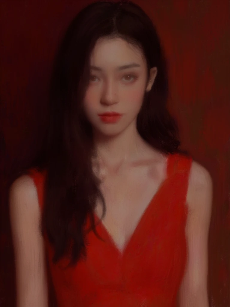 Digital painting featuring a woman with a striking appearance. The style is realistic with a smooth, painterly texture. The layout is a portrait orientation, focusing on the subject from the waist up. The woman has long, dark hair cascading over her shoulders, and her skin is a warm, light tone. Her facial features are sharp and defined, with bold eyebrows, expressive eyes, and full lips painted in a deep red shade. She is wearing a sleeveless, form-fitting red dress with a V-neckline, which complements the warm, rich tones of the background. The background is a blend of dark reds and browns, adding depth and contrast to the image. The overall composition is elegant and sophisticated, with a focus on the subject's confident and poised demeanor.