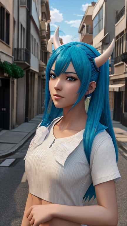 Anime girl with blue hair and horns on a street, 3D realistic anime, 2. 5 d cgi anime fantasy artwork, anime style 3d, anime style. 8k, 4k anime style, 3d style realistic anime, deviantart artstation cgscosiety, digital anime art, guweiz style art art, detailed digital anime art, white shirt, dragon wings