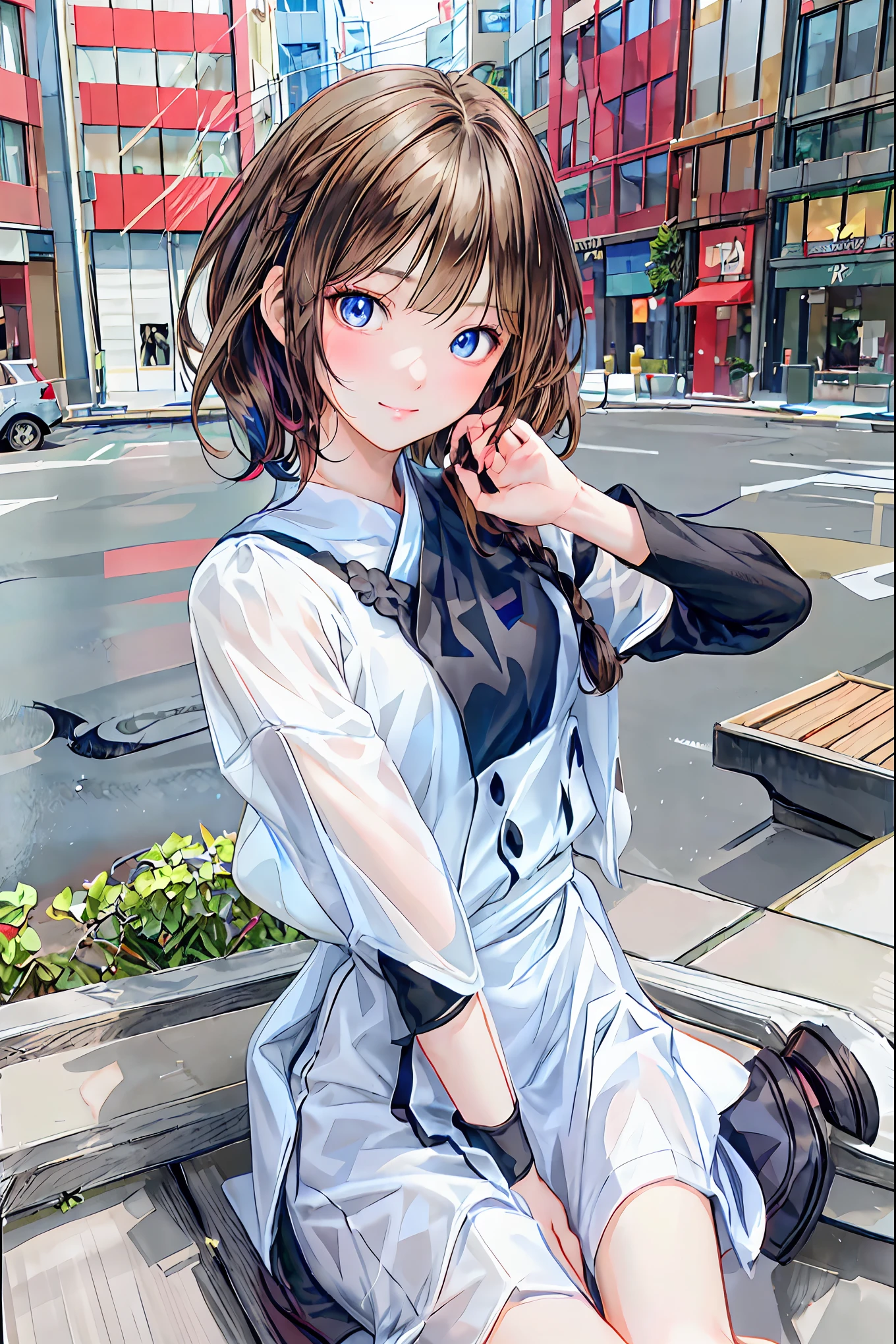 ( s)， top quality，  Beautiful Faces in Every Detail  ，cute， dark brown eyes，(背の低いcute女の子，Young student，Young and delicate girl）,（masterpiece， top quality)， black hair， sleepy look after intercourse， short-sleeved white shirt ，Checkered white skirt，Pathetic，Pathetic，Pathetic， brown hair ， shortcut， messy hair， short braided hair，Neat， slender beauty，Dignified posture， small breasts， beautiful legs with tails， Her enchanting gray-blue eyes sparkle like stars， bright color,  beautiful eyes ,A delicate smile,textured skin, top qualityを誇る,  gentle and beautiful woman  , Anime Style ､