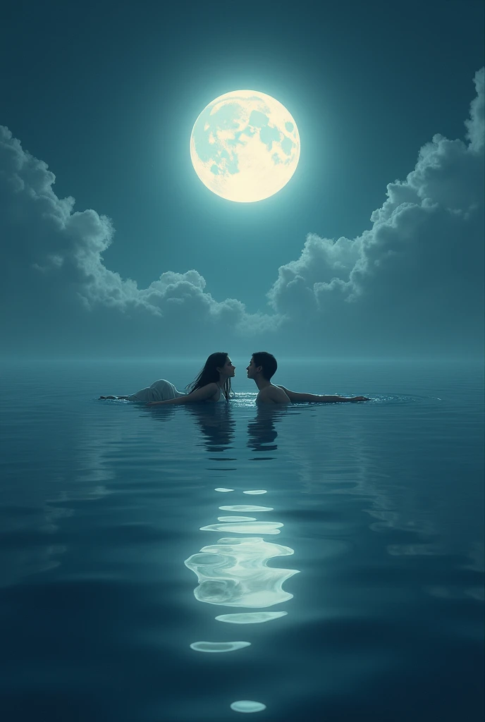 (photorealism:1.3), beautiful asian couple in swim suit, free-spirited, facing front with eyes open, dancing in a huge lake enjoying nature, under the night sky.