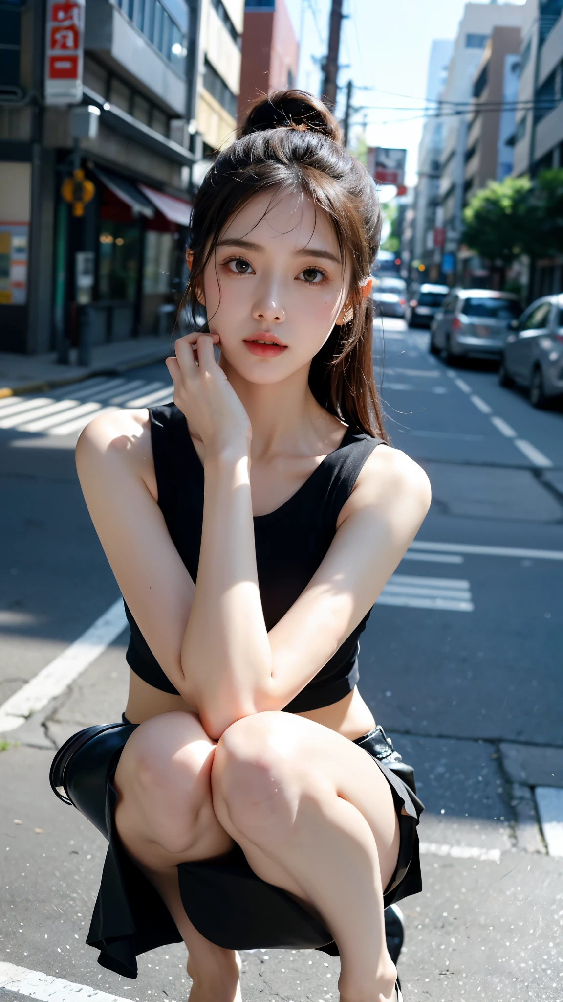 18-year-old, from below, from the ground, camisole, skirt, underwear pattern, peek, straddle