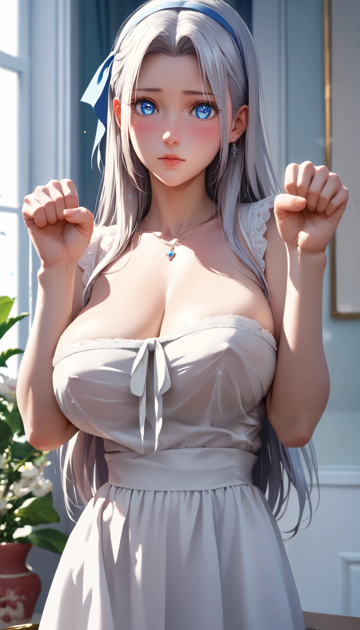 check_9, check_8_up, check_7_up, check_6_up, uncensored, Milen, long hair, silver hair, blue hair tie, Blue eyes, break (masterpiece:1.2), Best quality, a high resolution,(detailed eyes:1.3), perfect lighting,(perfect hands, Ideal Anatomy), Big breasts, blush, embarrassed, paw pose, dress, white dress, split, in underwear,