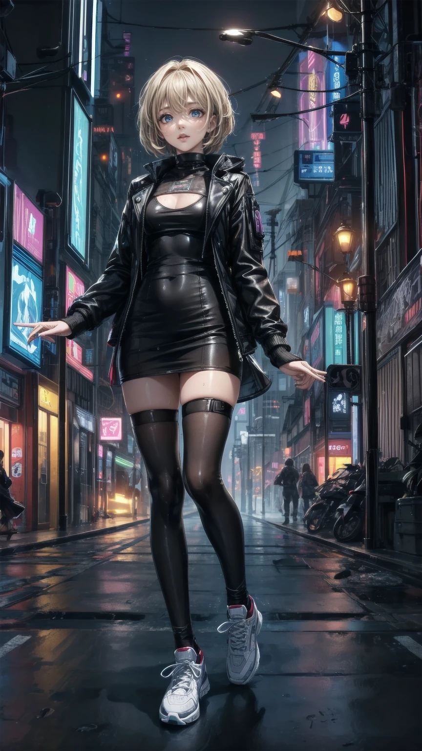 high qualiy, awardwinning, high resolution, 8K, 28 year old woman looking at the background, cyberpunk fantasy city, mysterious face, just draw a tower in the background, The woman is with her legs open, The woman&#39;breasts are too large, big, straight white hair, hero pose, wearing a big futuristic dress in black with white details and blue lights, really huge breasts, ​masterpiece, big breasts highlighted, extra large breasts, big pussy, big clitoris, close up of face and breasts, defiant and serious look 