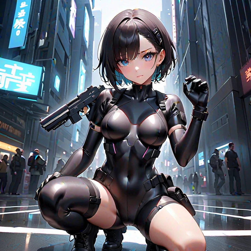 ((Full body):1.5), (({1/20 years}):2). Only {1/20 year old woman}:((in futuristic black clothing, with mechanical parts in blue):1.3). Only {1/20 years old}: ((has extremely large breasts):1.5). Only {1/20 years old}:((has light blue eyes, very short purple hair):1.3), is looking at the viewer with ((face of despair and veins appearing on his forehead):1.3), ((posing with a futuristic rifle):1.5). In a lab ((full of malevolent robots made of pure metal and men shooting at the robots): 2), all the robots are chasing after only {1/20 year old}) who is standing. anime, anime style, 16k, high resolution, ((best quality, high details: 1.5)), UHD, ((masterpiece)), cartoon, real, Fantexi