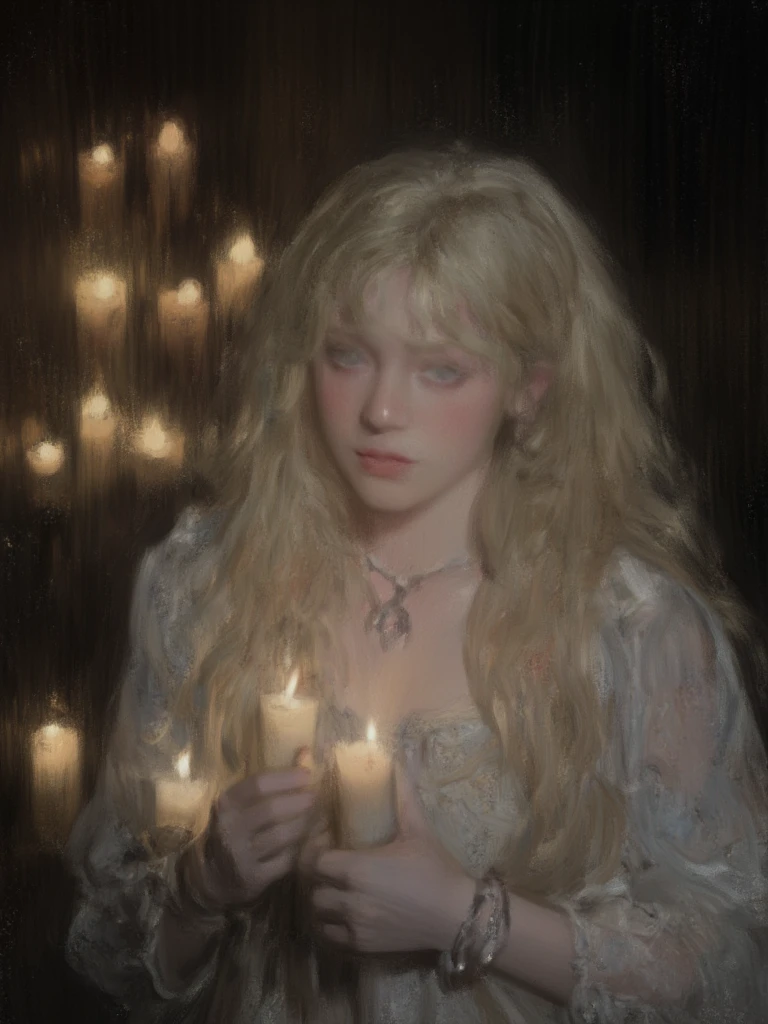 Image is a digital artwork featuring a fantasy scene with a young woman as the central subject. She has fair skin and long, wavy blonde hair cascading over her shoulders. Her facial features are delicate, with a contemplative expression. She is adorned with intricate jewelry, including a necklace and bracelets, and wears a flowing, light-colored gown with ornate patterns. The setting is dimly lit, with numerous candles casting a warm, ambient glow around her. The background is softly blurred, enhancing the focus on the woman and the candles, creating an intimate and mystical atmosphere. The overall composition is balanced, with the subject positioned slightly off-center, adding to the artistic allure of the scene.