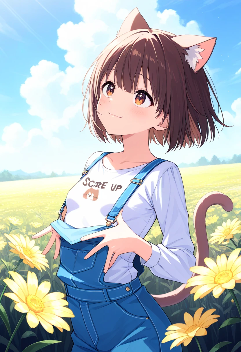  top quality、 on the body Be careful、 anime painting、One girl、 very small breasts、Slim body、Brown cat ears and tail、Big round eyes、 brown hair 、 short bob、brown skin、Cute single tusk、white shirt and overalls、Flower Field、 the wind is blowing、 fun atmosphere、smile、 spread their hands、 Looking up at the sky