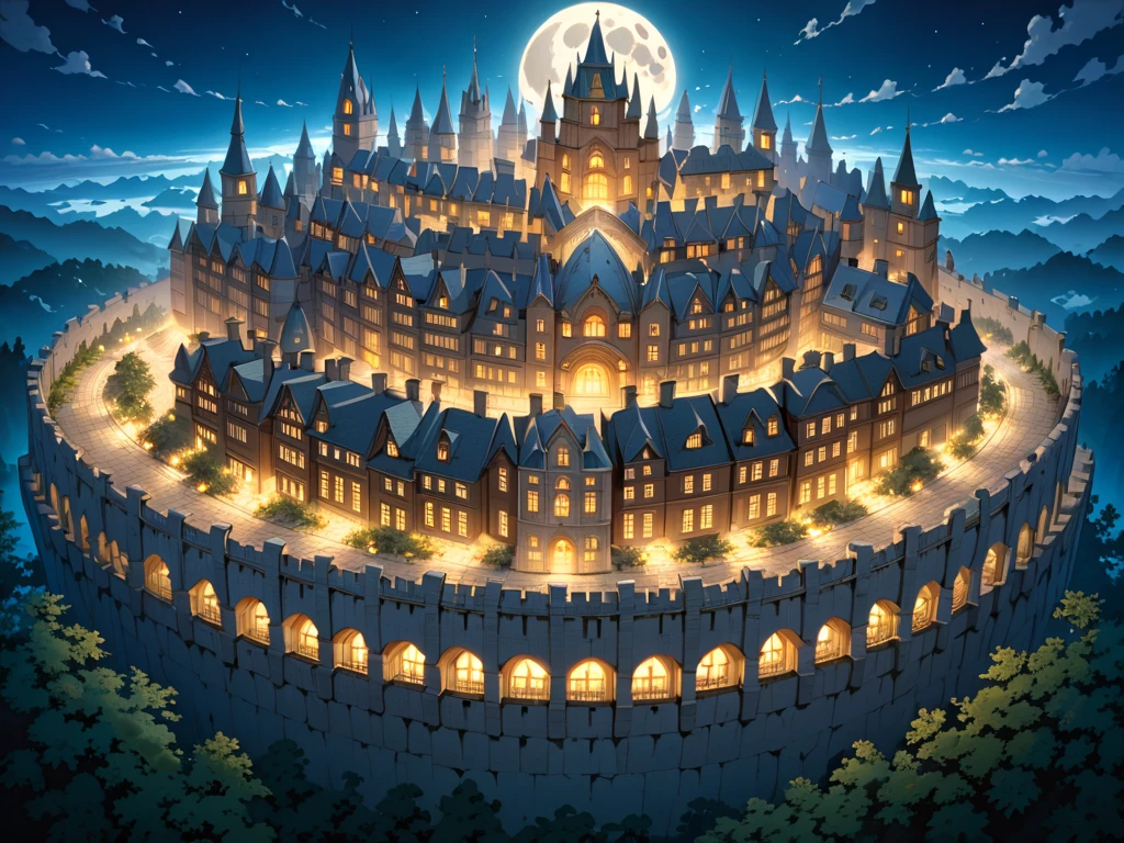 (masterpiece, ultra detailed, top quality), (Studio Ghibli, cel shading anime, PEAnimeBG), (big moon:1.4), huge medieval European castle town, distant night view from above.